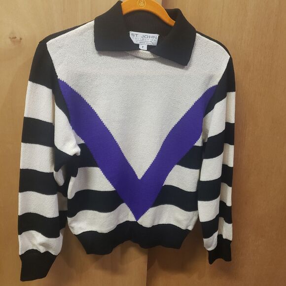Vintage St. John Separates Collar Striped Sweater Oversize Balloon Sleeve stripe - Picture 1 of 3